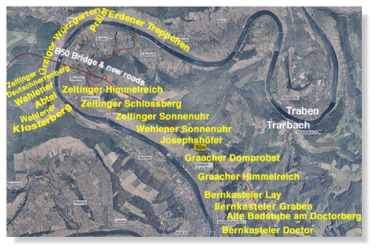 A map showing the route of the B50 Neu road and bridge, showing the vineyards which will be affected by the pollution and by the inevitable, irreversible damage to their hydrology and geology.